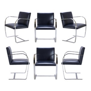 Brno Navy Leather Flat-Bar Chairs - Set of 6 For Sale