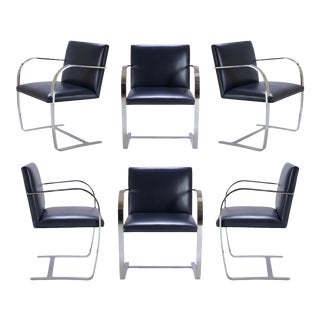 Brno Navy Leather Flat-Bar Chairs - Set of 6 For Sale