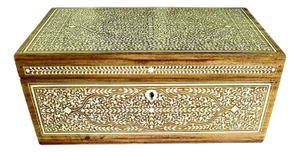 1990s Indian Mughal Teak Wood Dowry Jewelry Box White Inlay Anglo India Lock Key Vintage