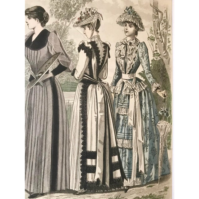 Late 19th Century Antique French Fashion Print 1890 Hand Colored Etching For Sale - Image 5 of 7