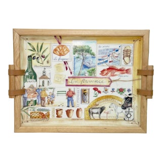 French “En Provence” Serving Tray by Alpac — Wood Frame & Leather Handles, Made in France For Sale