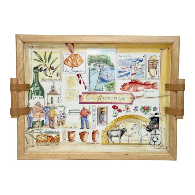 French “En Provence” Serving Tray by Alpac — Wood Frame & Leather Handles, Made in France For Sale