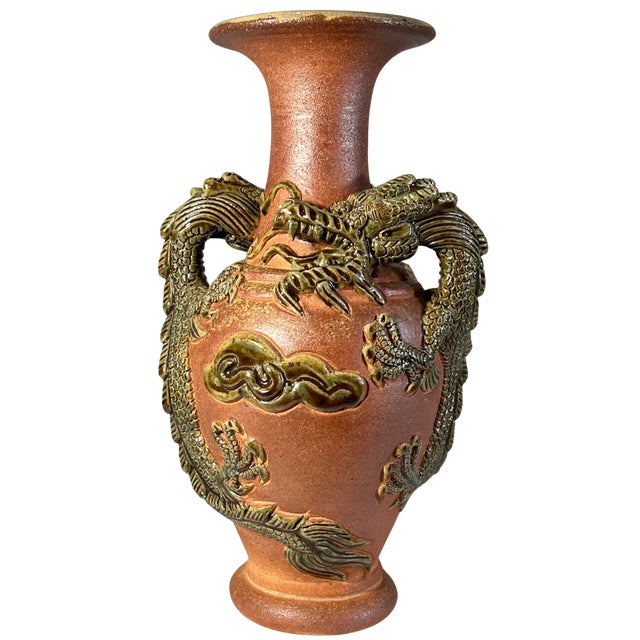 Brick Red 11+ In. Tall Vintage Japanese Tokoname-Yaki Style Pottery Vase Dark Green Glaze Dragon For Sale - Image 8 of 16