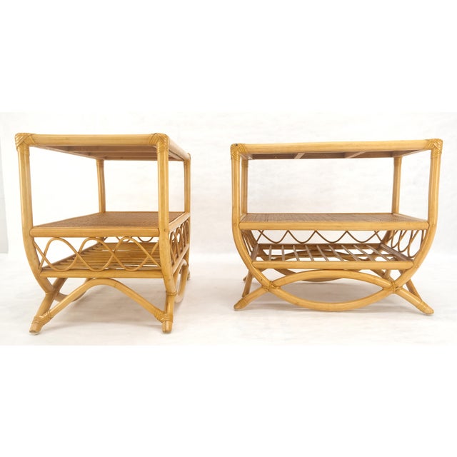 Pair Rattan Bamboo Grass Cloth Top Two Tier End Side Tables Stands Magazine Rack For Sale - Image 6 of 14