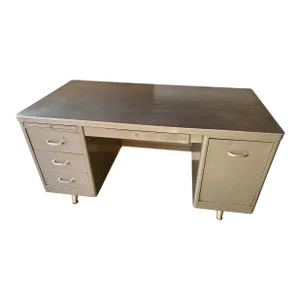 1960s Vintage Metal Tanker Desk With Typewriter Shelf