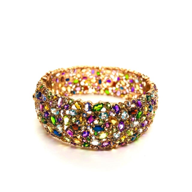 Bochic “Capri” Vintage Sapphire & Multi Gem Bangle Set In 18K Gold & Silver For Sale - Image 4 of 12