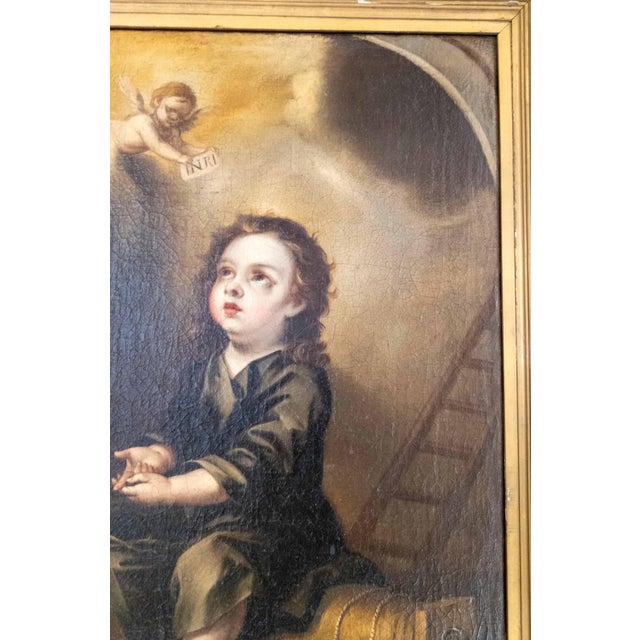 17/18th C. Spanish School Painting of Boy With Passion Attributes, Follower of Bartolomeo Esteban Murillo For Sale - Image 9 of 18