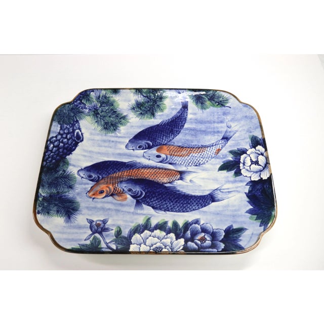 Japanese Vintage 1970s Japanese Koi Fish and Lotus Flower Platters - Set of 2 For Sale - Image 3 of 7