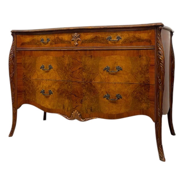 French Louis XV Style Bombe Burlwood 3-Drawer Commode With Carved Details For Sale
