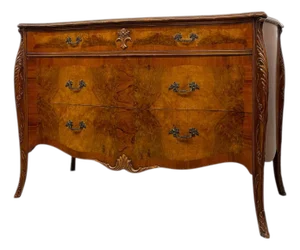 French Louis XV Style Bombe Burlwood 3-Drawer Commode With Carved Details