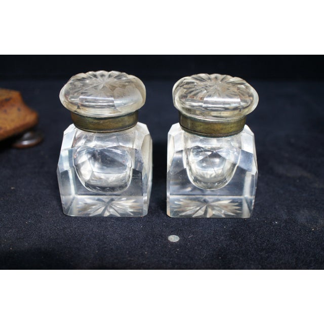 Gold Antique Early 20th Century Edwardian Walnut Double Inkwell Handled Footed Writing Desktop Caddy - 3 Pieces For Sale - Image 8 of 11