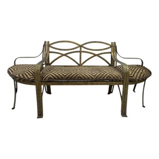 Antique French Three-Part Iron Bench With New Custom Cushions For Sale