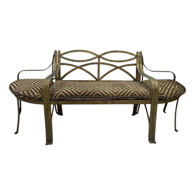 Antique French Three-Part Iron Bench With New Custom Cushions For Sale