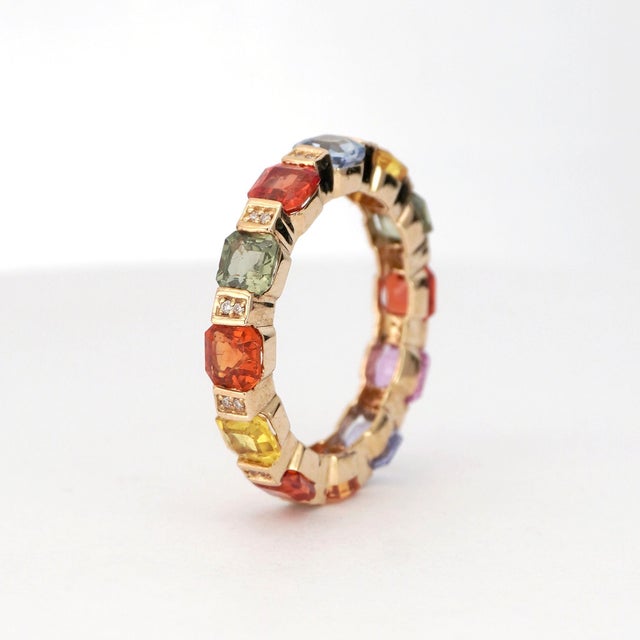14k Gold Multi-Gemstone Ring With Asscher-Cut Sapphires For Sale - Image 18 of 18