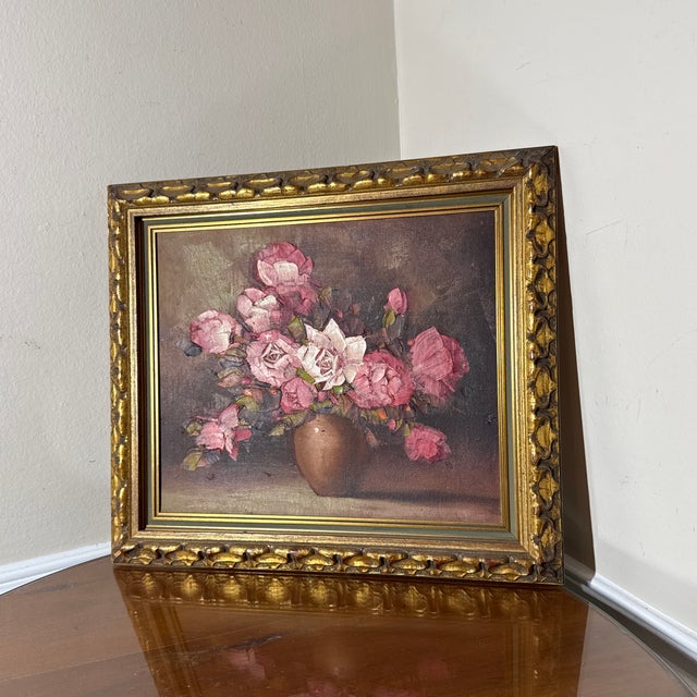 Textile Vintage Floral Oil Painting Framed and Signed For Sale - Image 7 of 8