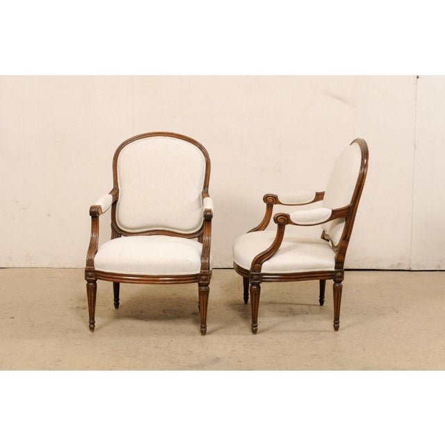 Linen 19th C. French Pair Upholstered Fauteuils For Sale - Image 8 of 12