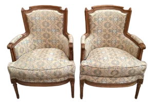 French Louis XVI Blue Bergères Arm Chairs