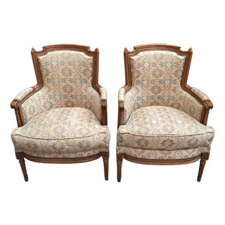 French Louis XVI Blue Bergères Chairs For Sale