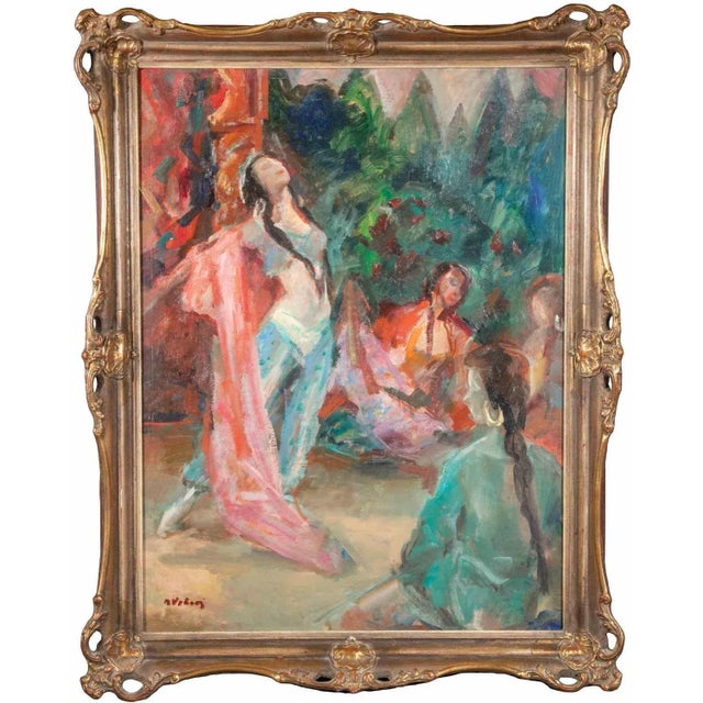Miloslava Vrbova-Štefková, Orientalist Dance in a Harem, Oil Painting, Mid-20th Century For Sale - Image 5 of 5