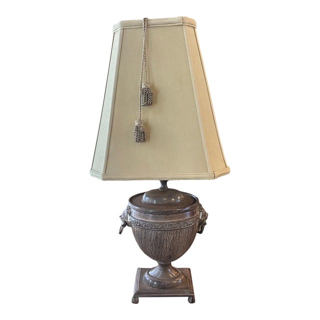 Vintage John Richard Neoclassical Lion Head Urn Lamp With Tassel Shade For Sale