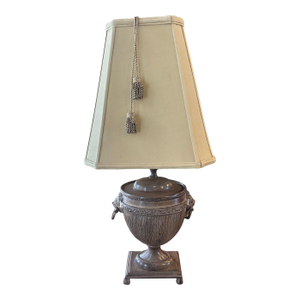 Vintage John Richard Neoclassical Lion Head Urn Lamp With Tassel Shade