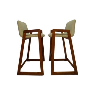 Danish Teak Bar Stools with Wool Upholstery - Pair For Sale
