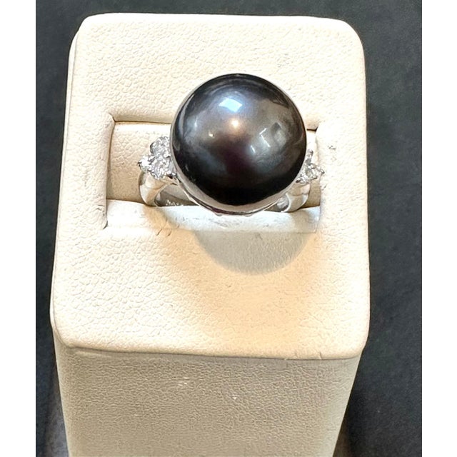 15MM Round Black Tahitian Pearl & Diamond Platinum Ring Size 5.5 For Sale In New York - Image 6 of 18