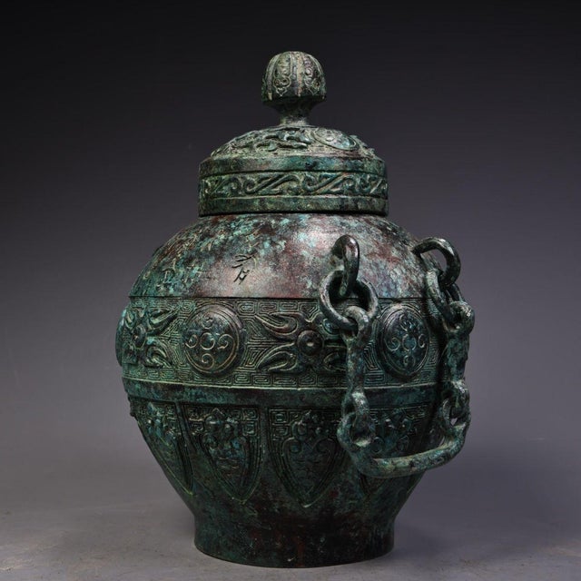 Art Deco Bronze Lidded Jar With Chain Handles - Archaic Style Vessel For Sale - Image 3 of 10