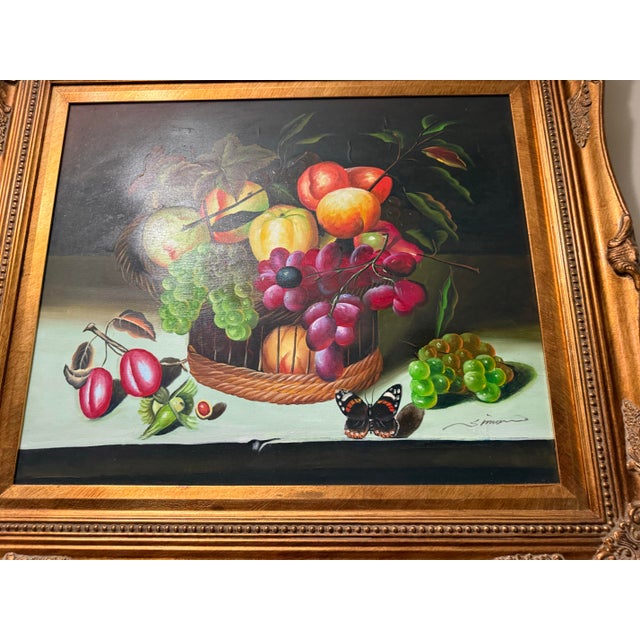 Art Deco 1940s Oil Painting on Canvas Signed Fruit Basket Dining Room Gold Ornate Frame For Sale - Image 3 of 6