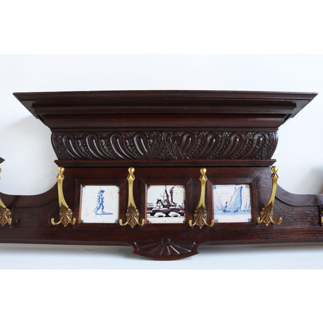 Metal Antique Dutch Renaissance Revival Delft Blue Tiles Brass Coat Rack, 1890 For Sale - Image 7 of 10