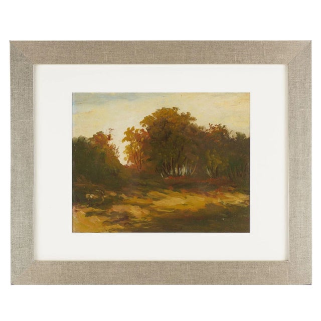 Anonymous set of three American oil on board landscape studies. The first painting features a stand of trees across a...