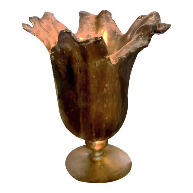 Vintage 16.5" Murano Lavorazione Art Glass Parcel Gilt Wrapped Pedestal Shell Vase For Sale