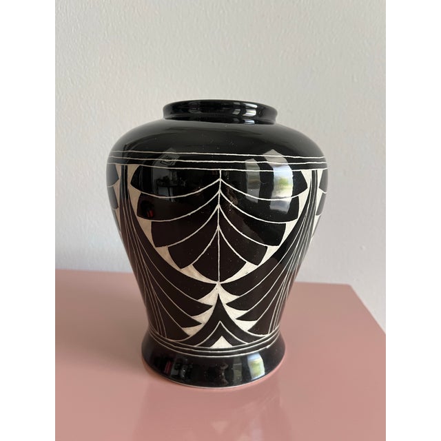 Curras Brothers Vase Signed 1996 Black & White Hand-Carved Art Pottery For Sale - Image 4 of 9