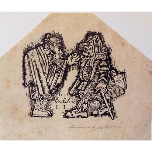 Michel Fingesten, Ex Libris E.T., Woodcut Print, 20th Century For Sale