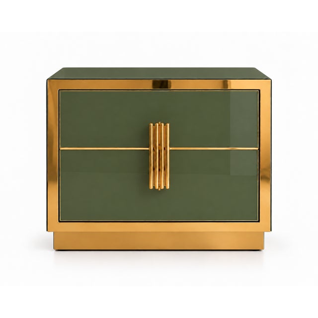 Contemporary Olive Green Glass Nightstand with Recessed Brass Plinths, Italy, Set of 2 For Sale - Image 3 of 11