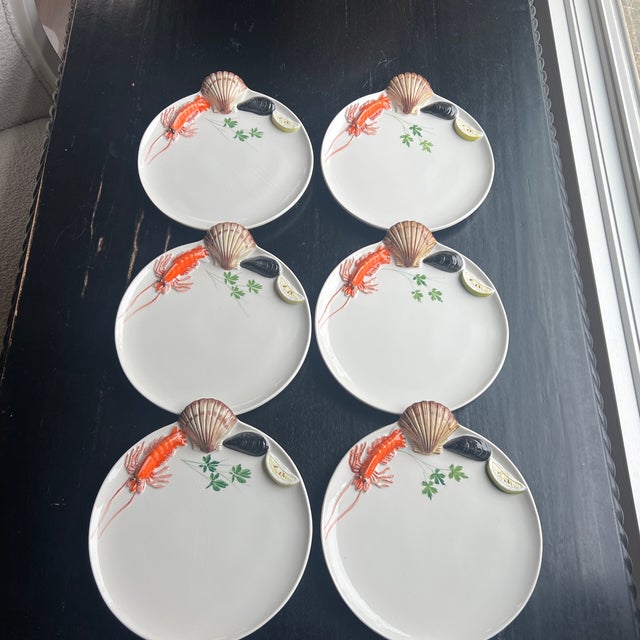White Vintage Italian Ceramic Majolica Seafood Dinner Plates- Set of 6 For Sale - Image 8 of 12