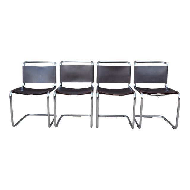 Set of 4 Vintage Knoll Spoleto Side Dining Chair, Chrome + Brown Leather For Sale