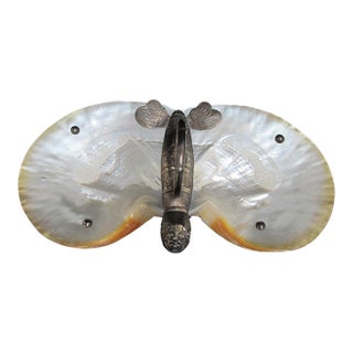 Chinese Butterfly Silver & Mother of Pearl Shell Footed Serving Tray Dish For Sale