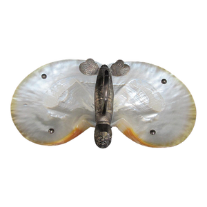 Chinese Butterfly Silver & Mother of Pearl Shell Footed Serving Tray Dish