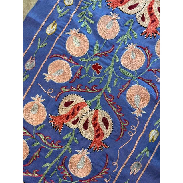 2010s Periwinkle Silk Suzani Runner With Peach Pomegranates For Sale - Image 5 of 7