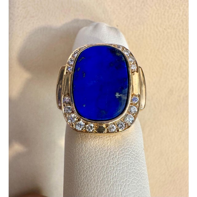Early 21st Century 8.5 Ct Emerald cut Natural Lapis Lazuli + Diamond Ring 14 Kt Yellow Gold, 5.5 S For Sale - Image 5 of 18