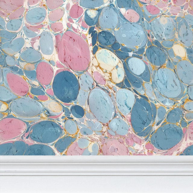 Keats Pebble Marbled Traditional Wallpaper – Blue/Pink Single Roll For Sale