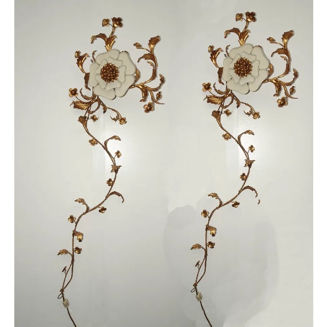 Pair Vtg Italian Hollywood Regency Gold Floral Wall Lights Sconce Made Italy #1 For Sale - Image 12 of 12
