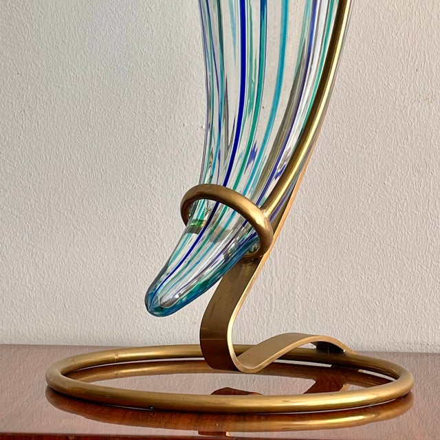 Mid-Century Modern Cornucopia Vase in Murano Glass with Canes and Murrine and Brass Stand by Vistosi, 1970s For Sale - Image 3 of 6