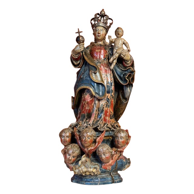 Baroque Virgin and Child in Polychrome Wood with Silver Crown, Spain, 17th Century For Sale