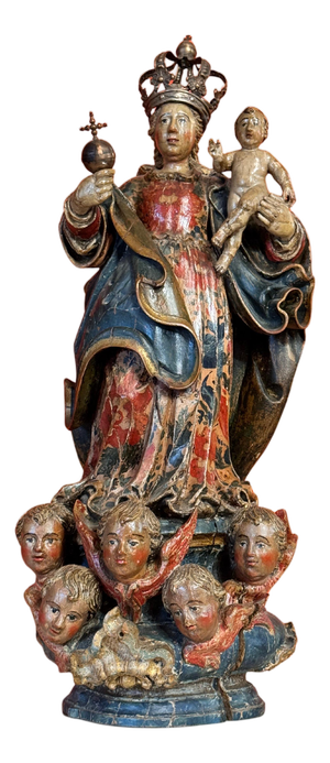 Baroque Virgin and Child in Polychrome Wood with Silver Crown, Spain, 17th Century
