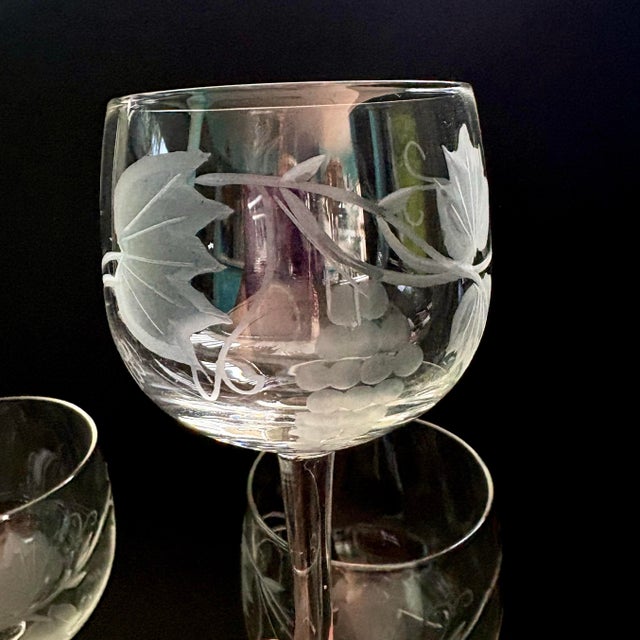 Vintage Wine Glasses With Gape Vine Etching, Set of 5, Made in Romania | Mid Century Barware | 7.25” For Sale In Miami - Image 6 of 9