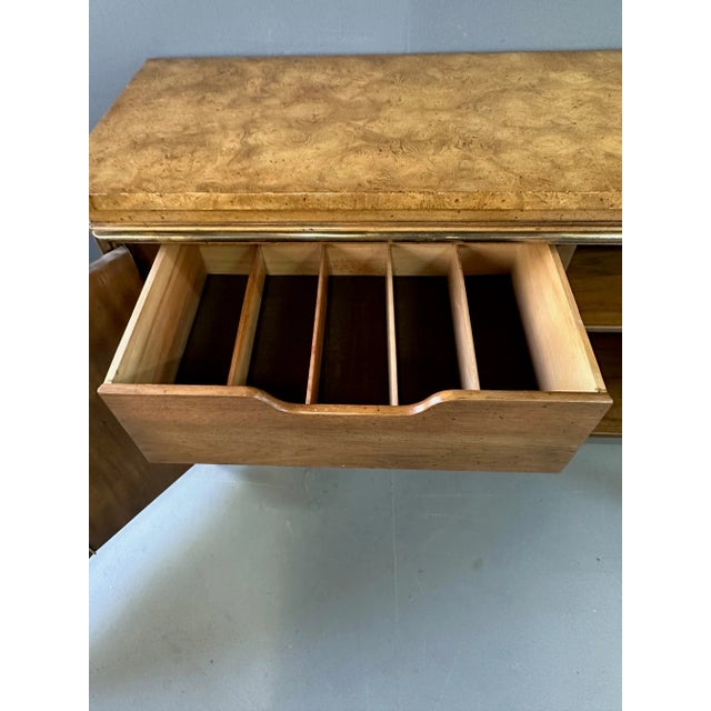 1950s 1950s Neoclassical Revival Sideboard in Pecan and Burl With Brass Scroll Details For Sale - Image 5 of 13