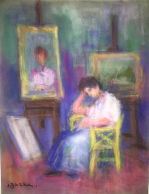 Jacques (Jakub) Zucker, Woman Artist in Studio Pastel Drawing Polish Ecole D'Paris, WPA, Bezalel Artist