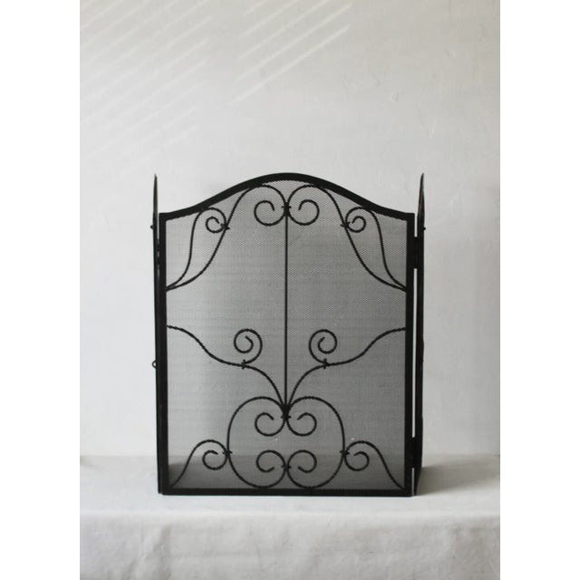 Vintage French Style Black Mesh Fireplace Screen Metal Scrollwork Details. Hand crafted scroll work and welded slim...